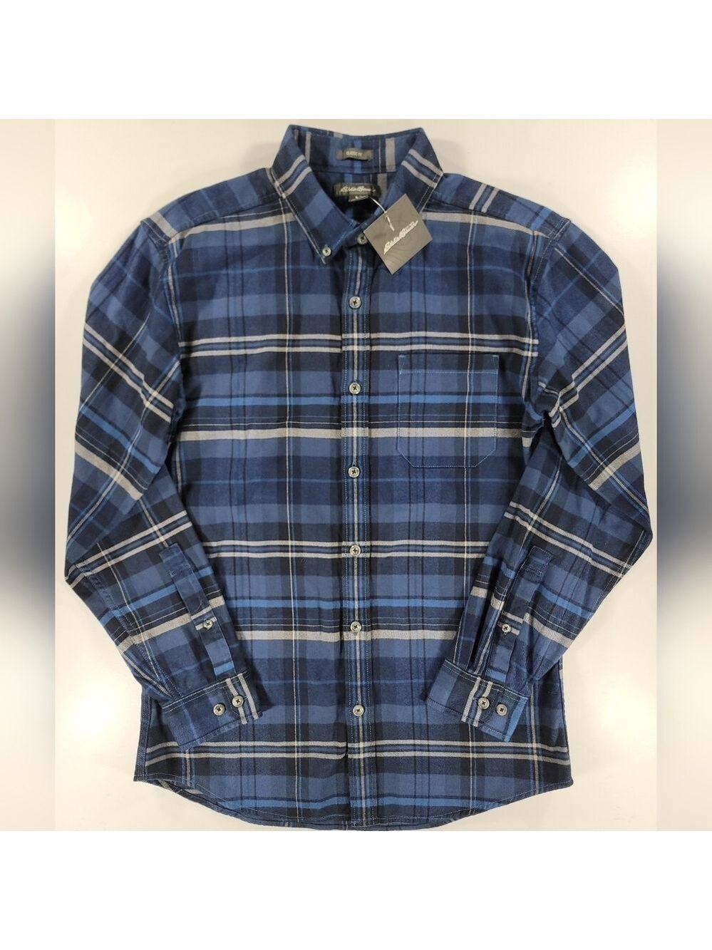 NEW Eddie Bauer Flannel Button Front Shirt Blue Gray Plaid Men's Small NWT